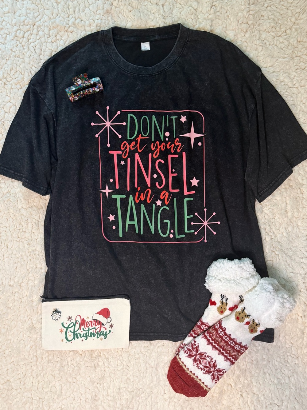 NEW Retro Christmas T-shirt Tee XL Sherpa Socks Glitter Clip Festive Ghost Pin